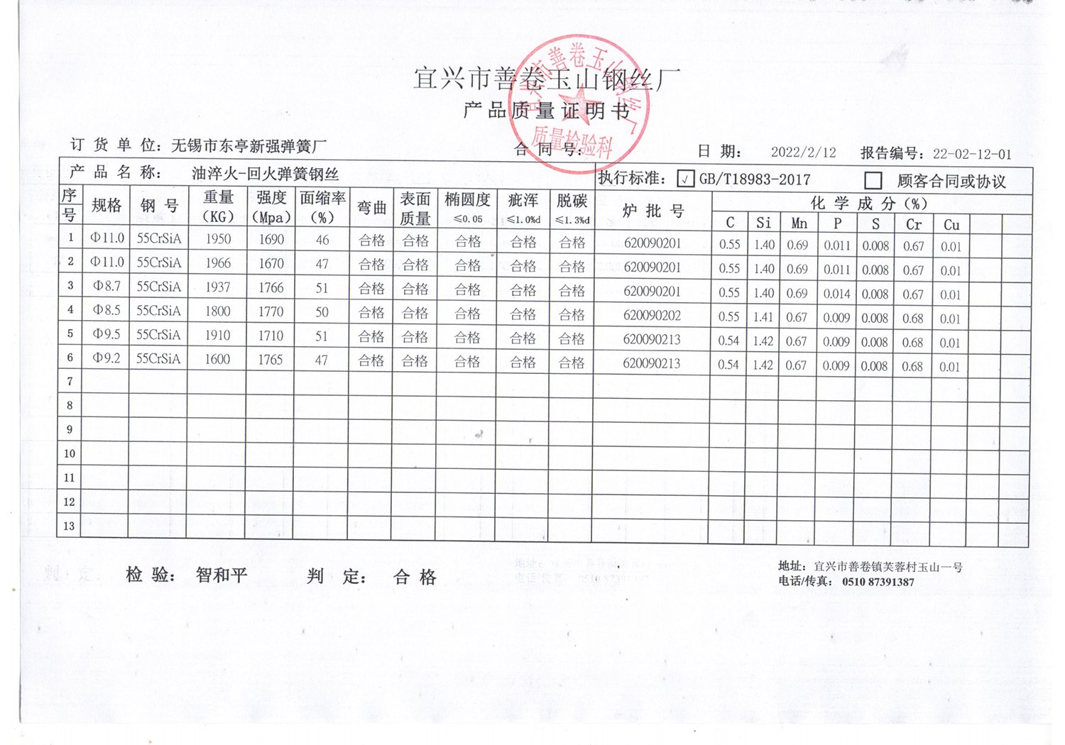 Inspection Certificate of Oil Tempered Torsion Spring Steel Wire